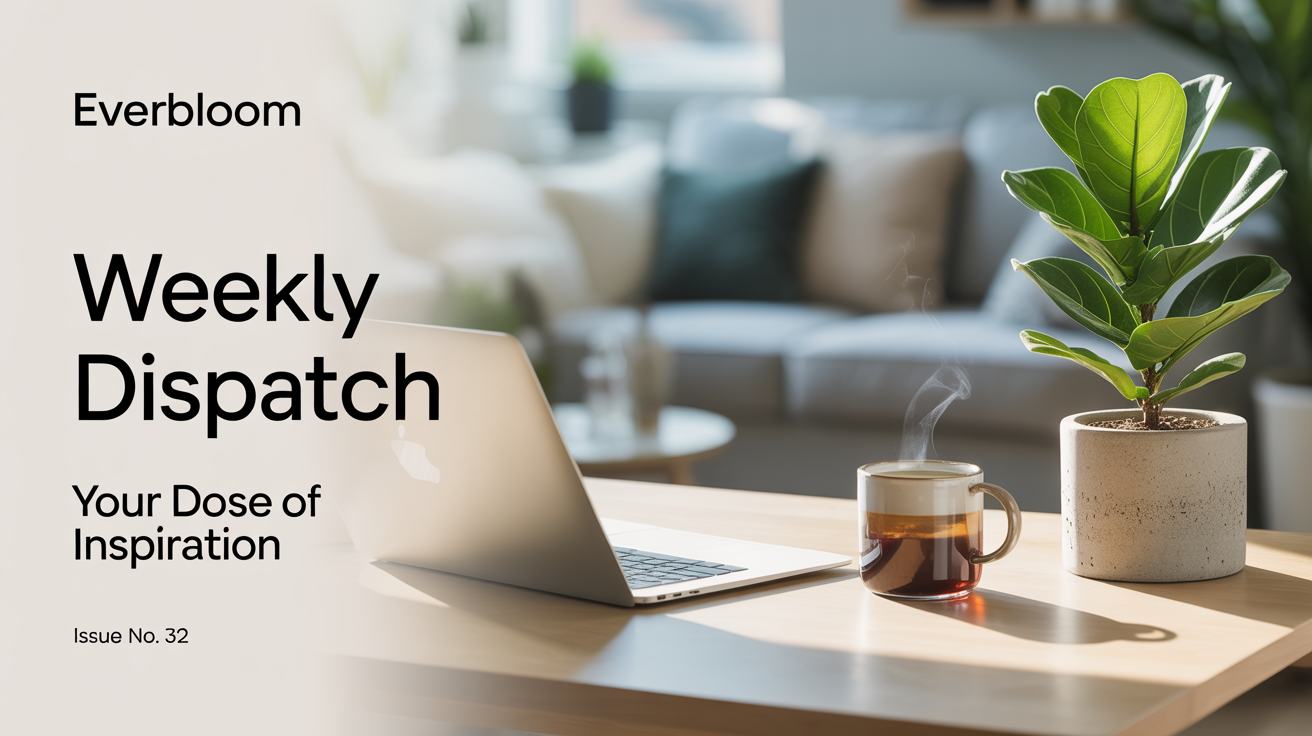 A professionally designed newsletter banner with the title 'Weekly Dispatch' and the headline 'Your Dose of Inspiration' overlaid on a clean photo of a modern desk setup.