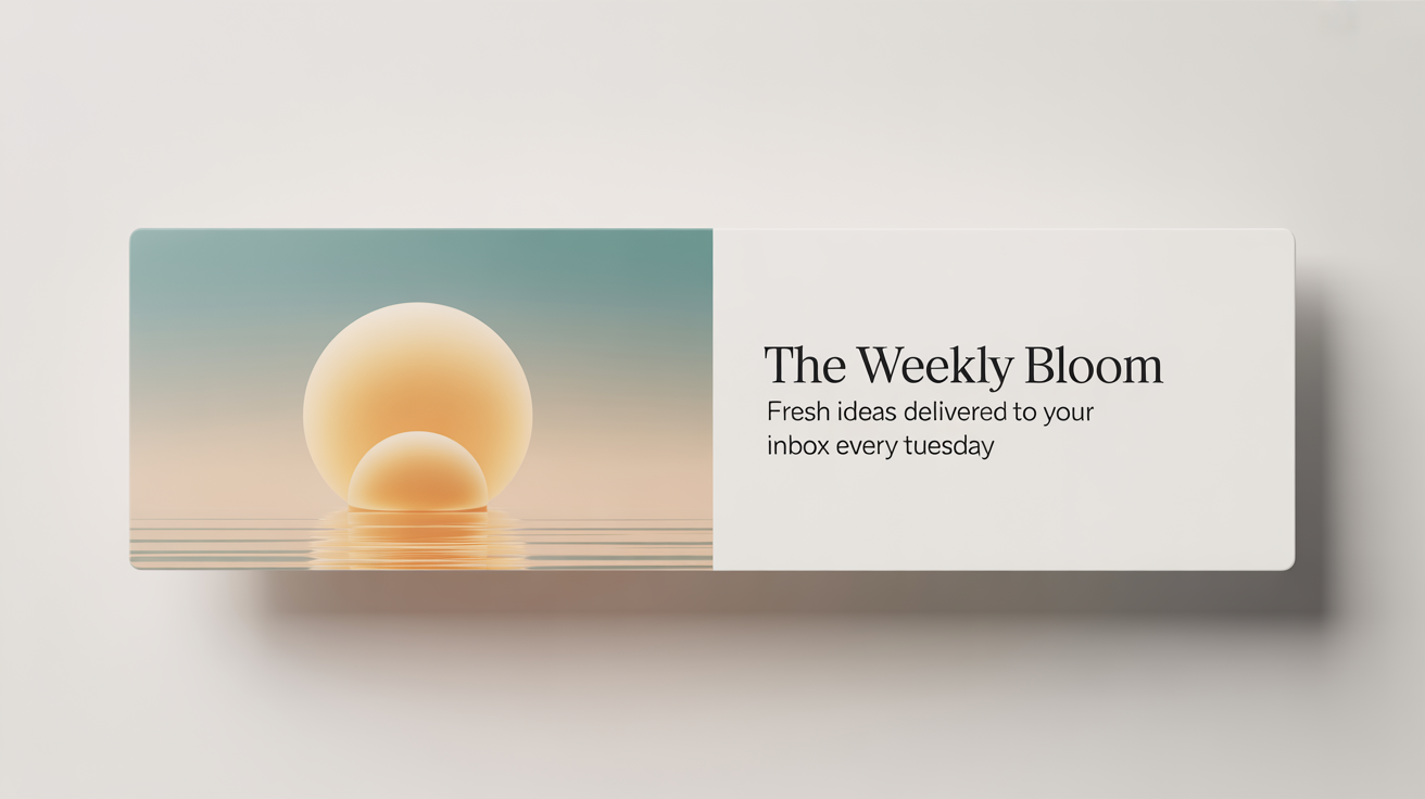 A mockup of a newsletter banner with a pastel gradient background. It features a stylized sun icon and text that reads 'The Weekly Bloom. Fresh ideas delivered to your inbox every Tuesday'.