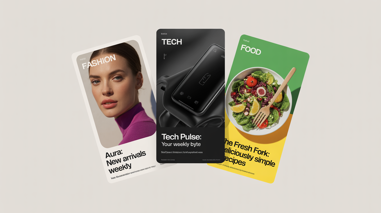 A collection of three modern newsletter banner mockups for fashion, tech, and food, displayed on a white background.