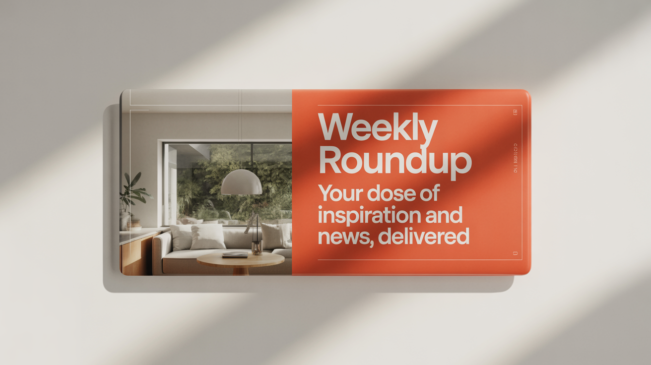 A professional mockup of a newsletter banner, featuring a photo of a modern home office and the text 'Weekly Roundup' against a coral background, all on a clean white surface.