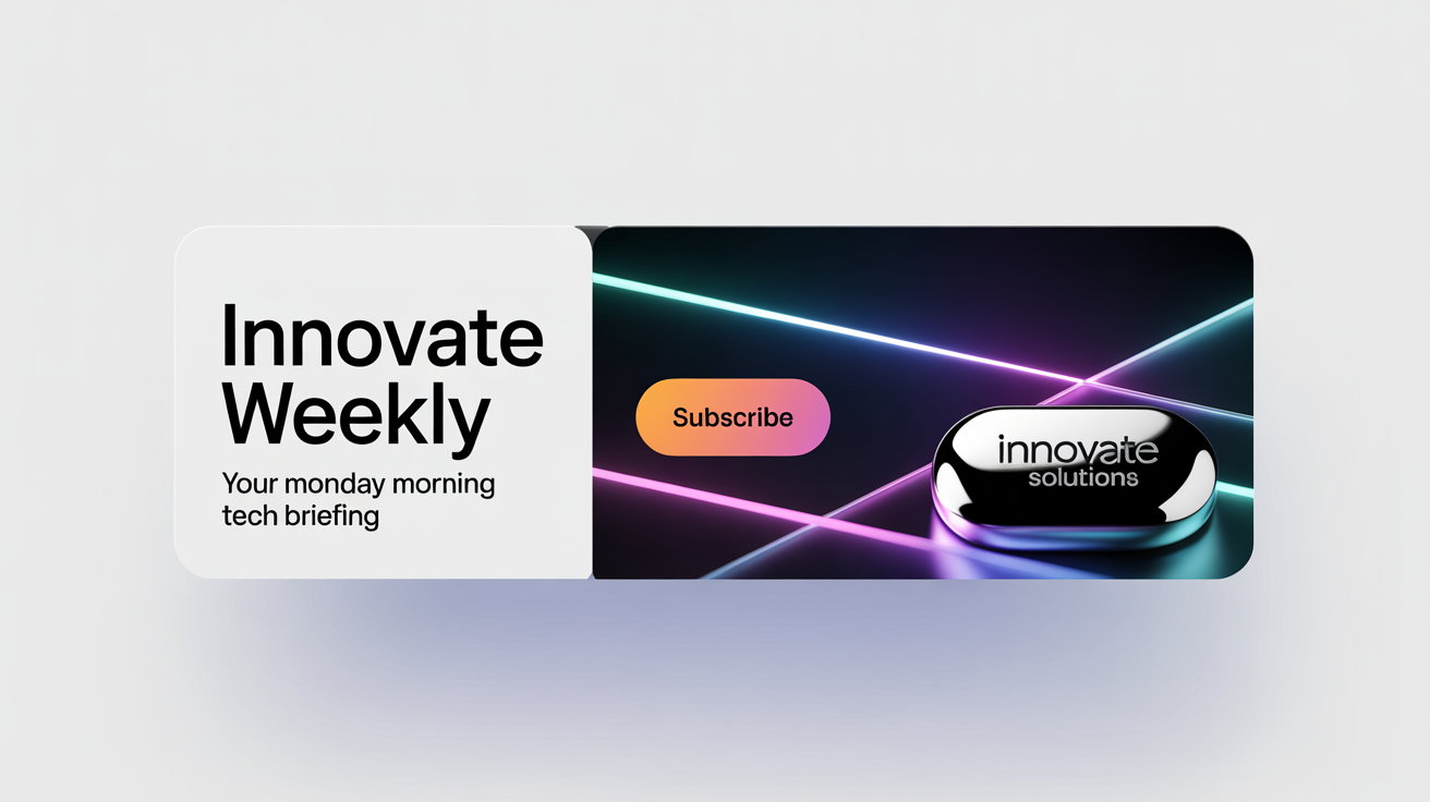 A mockup of a modern newsletter banner for 'INNOVATE WEEKLY' with a dark blue background, futuristic line art, and an orange 'SUBSCRIBE' button, set against a white background.