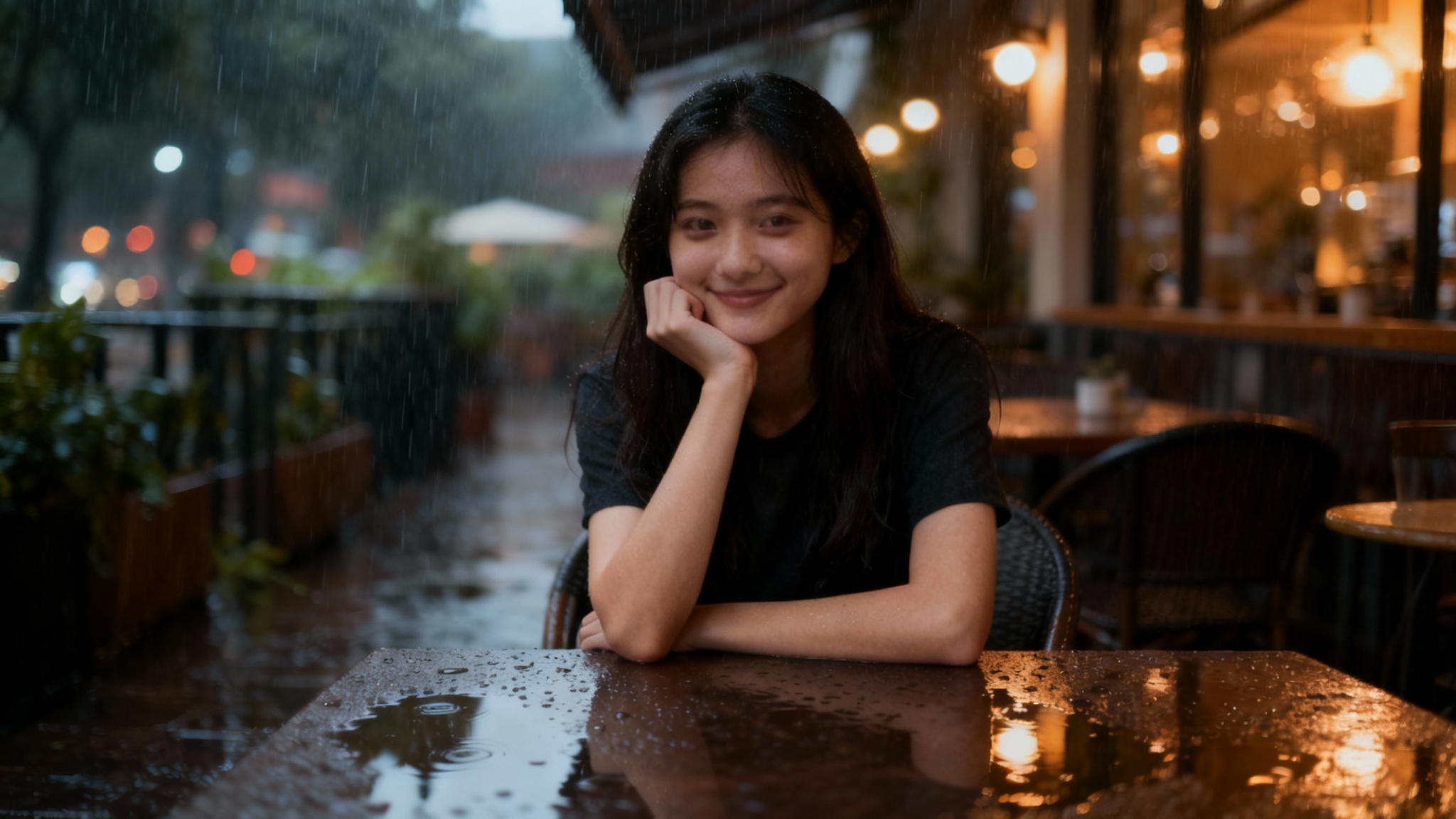 A beautiful portrait photo of a young woman with long dark hair sitting at a wet outdoor cafe table during a gentle rain shower. Puddles on the ground reflect the warm lights of the cafe, creating a moody and atmospheric scene.
