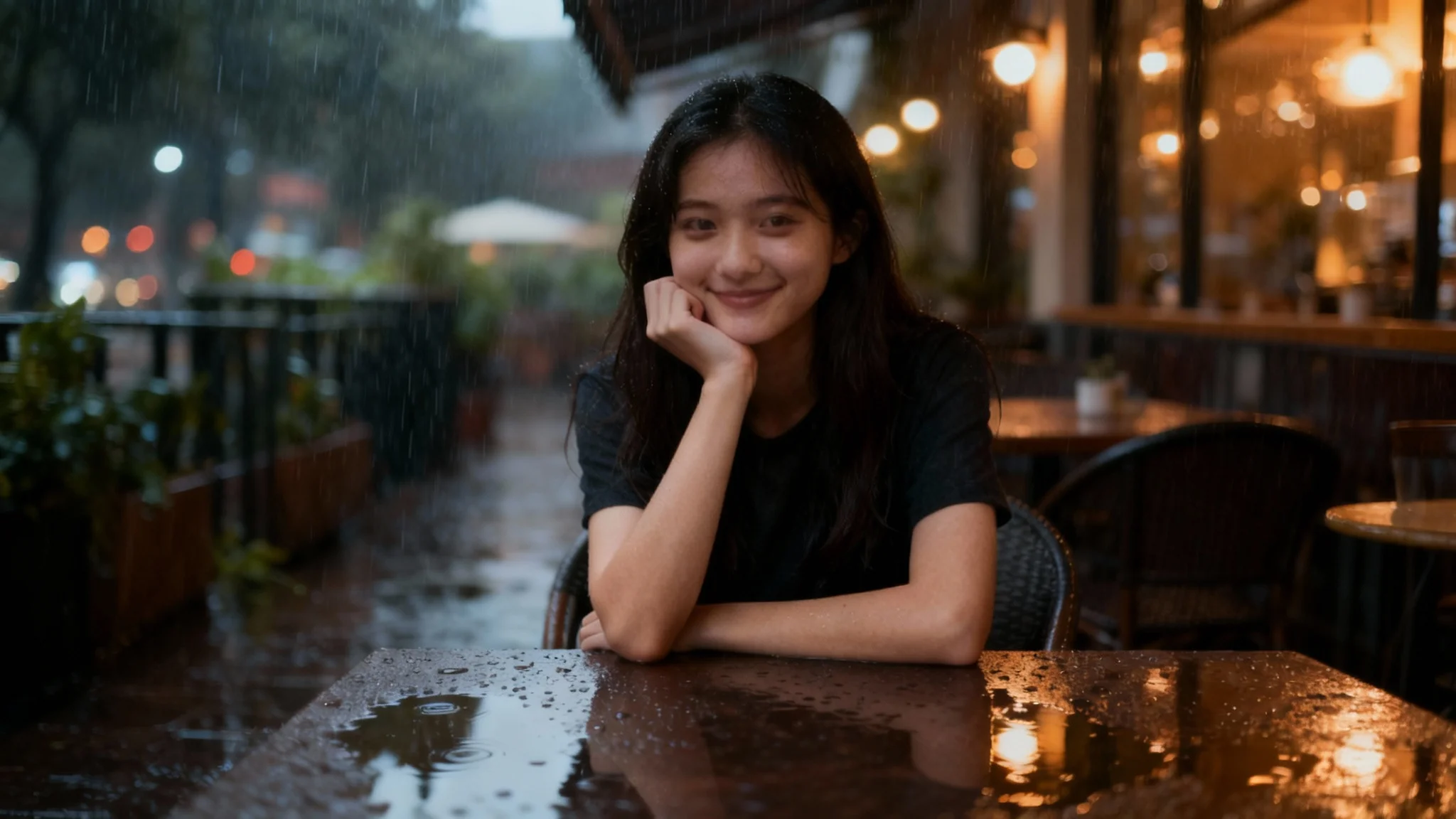 A beautiful portrait photo of a young woman with long dark hair sitting at a wet outdoor cafe table during a gentle rain shower. Puddles on the ground reflect the warm lights of the cafe, creating a moody and atmospheric scene.