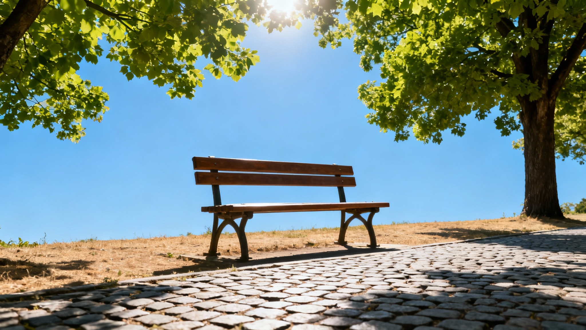 A photo of a sunny park with a wooden bench on a dry cobblestone path, used to demonstrate an 'add rain' photo effect.