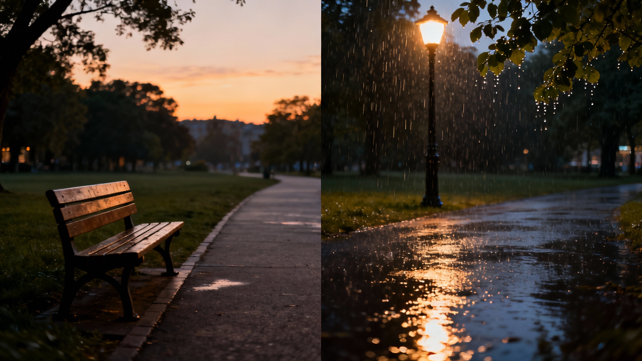 A split-screen comparison image showing an 'add rain' effect. The left side shows a dry park bench at dusk, and the right side shows the same scene with a gentle rain falling, making the ground wet and reflective.