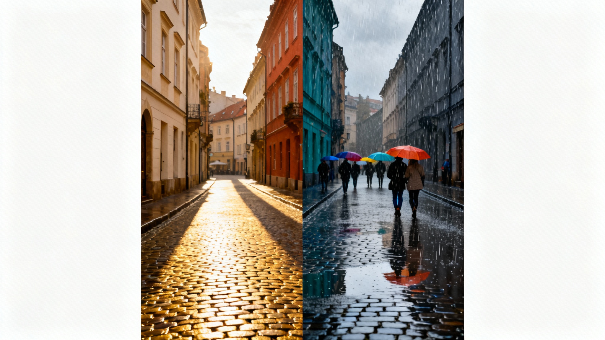 A split-screen comparison image. The left side shows a sunny, dry city street. The right side shows the same street, now dark, wet, and rainy, illustrating an added rain effect.