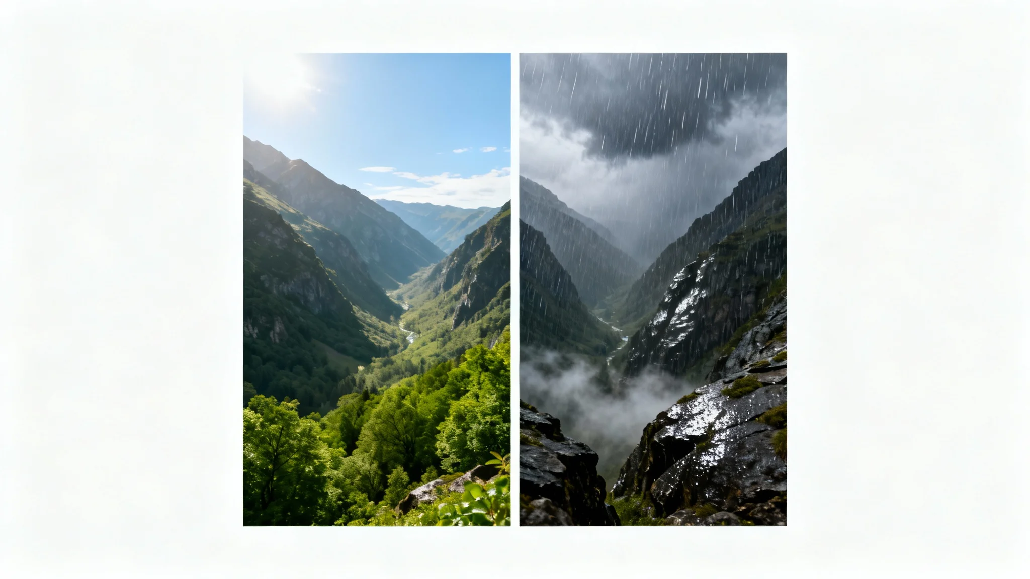 A split-screen image demonstrating a rain effect. The left side shows a sunny mountain valley, and the right side shows the same valley during a heavy rainstorm.