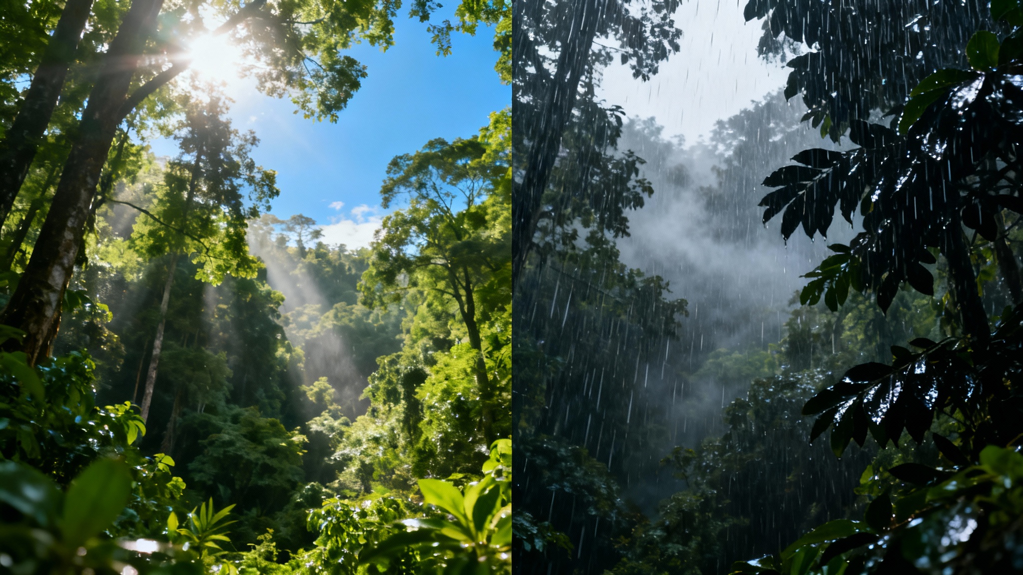 A split-screen, before-and-after image of a forest. The left side is sunny and bright. The right side shows the same scene during a heavy rainstorm, with wet leaves and a misty atmosphere.