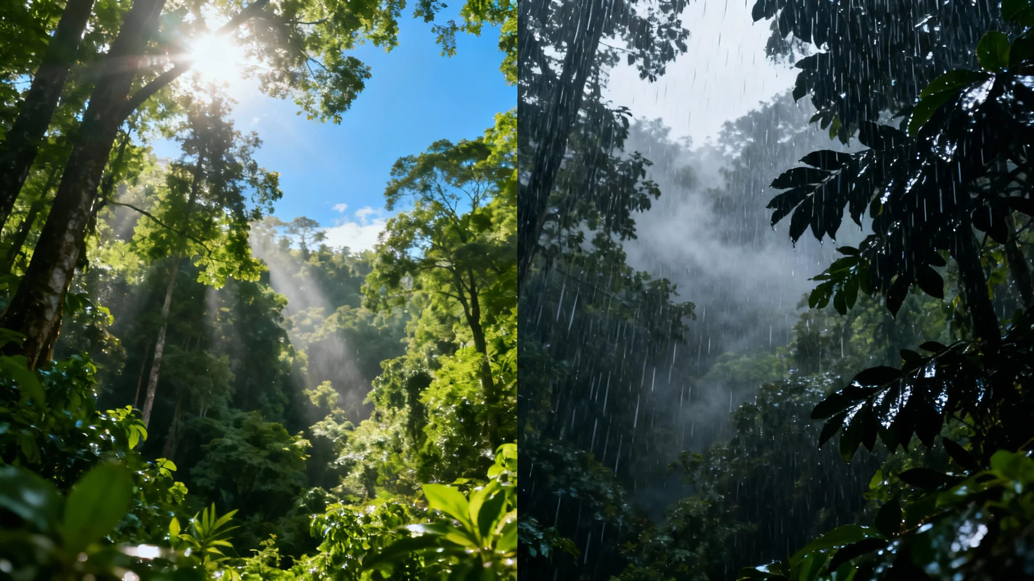 A split-screen, before-and-after image of a forest. The left side is sunny and bright. The right side shows the same scene during a heavy rainstorm, with wet leaves and a misty atmosphere.