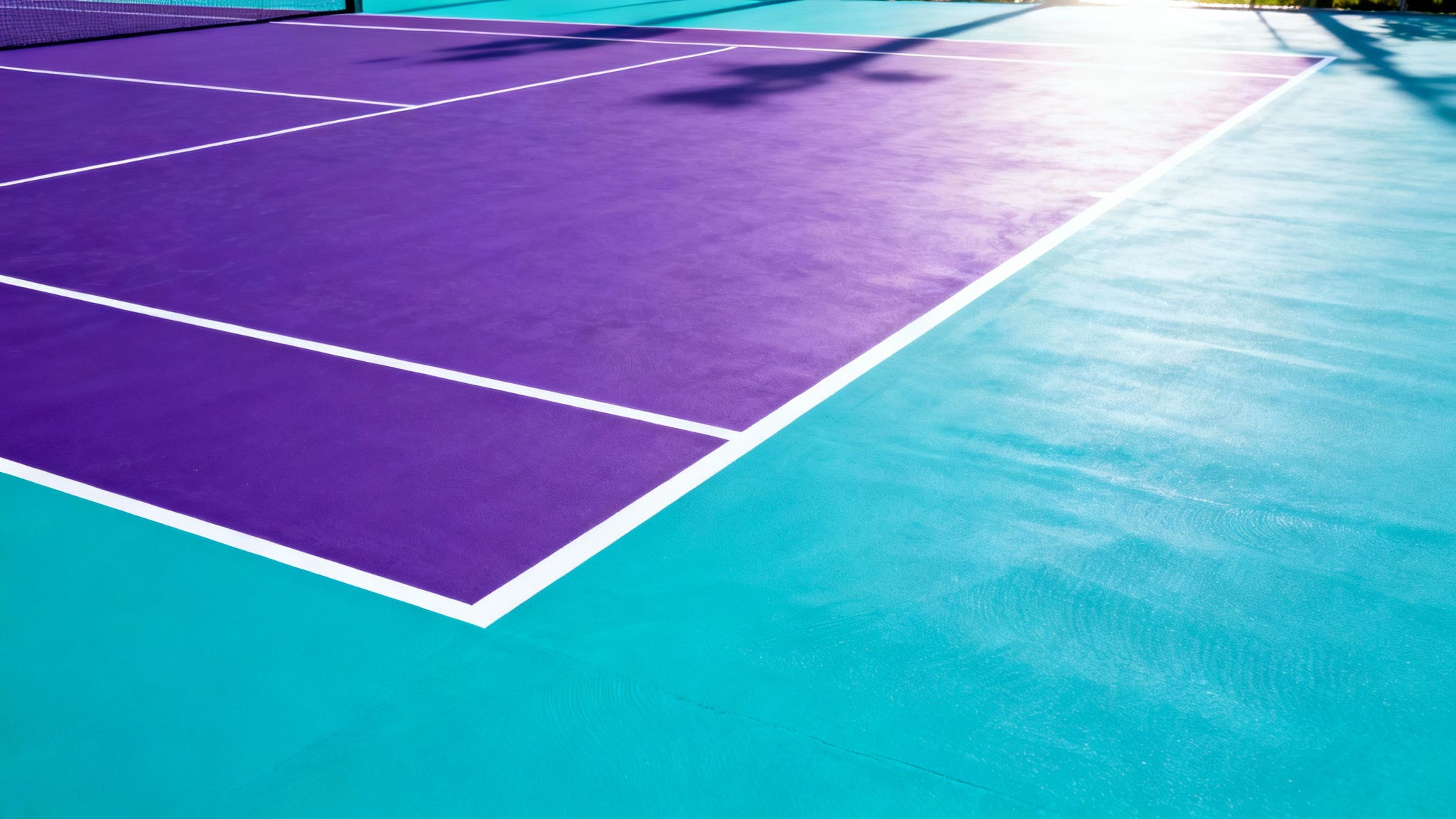 A stunning, modern tennis court with a custom purple playing area and a vibrant teal outer court, photographed from a low angle on a bright sunny day.