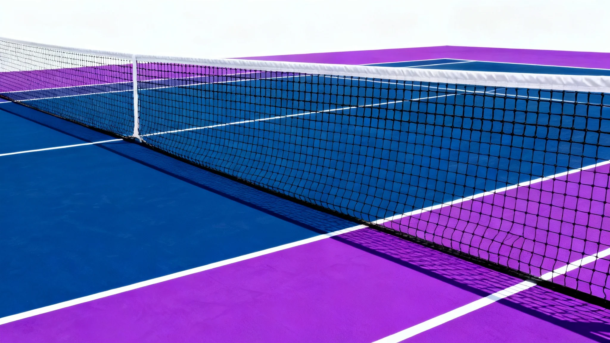 A hyper-realistic image of a tennis court with one half colored deep blue and the other half electric purple, shown from a low angle against a stark white background.