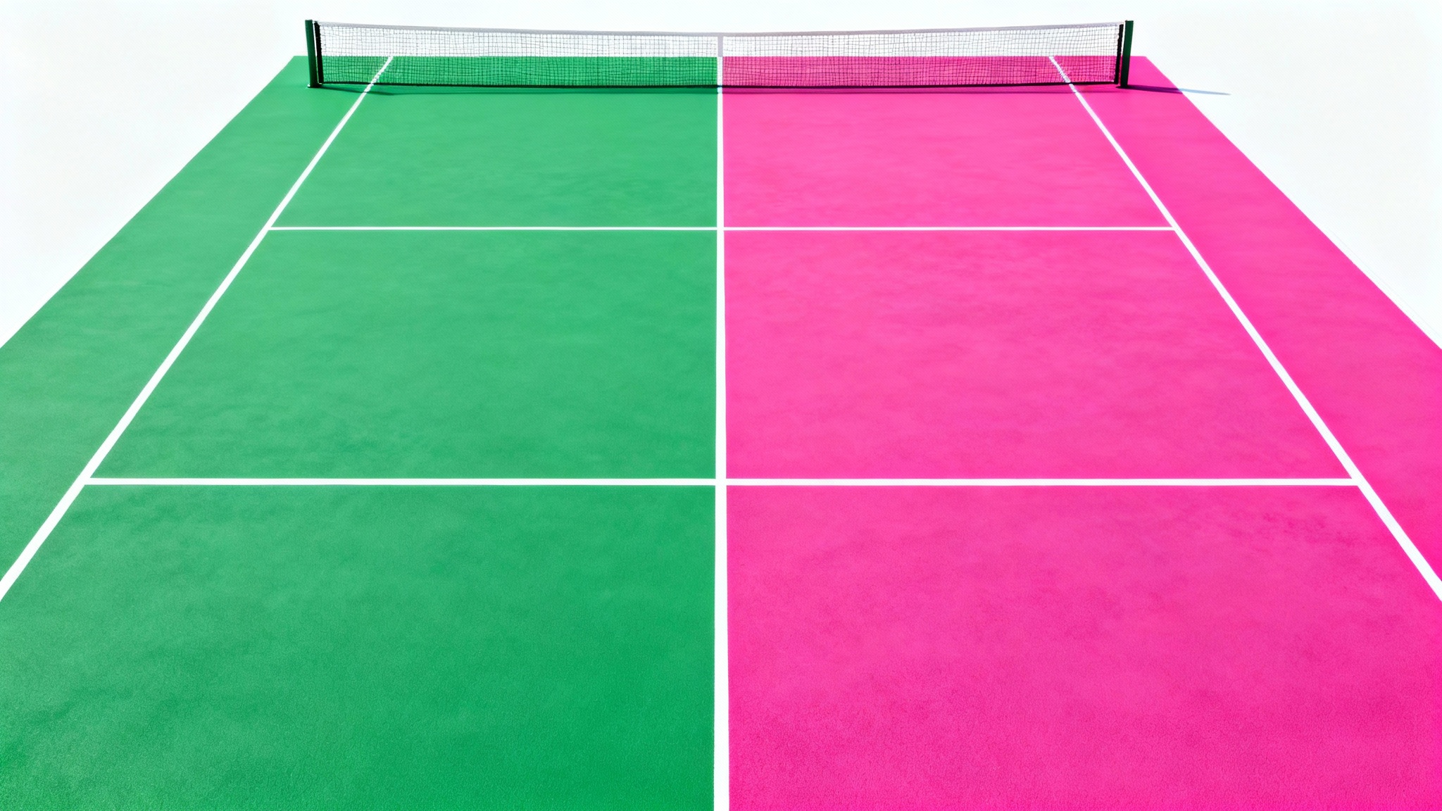 A high-angle view of a tennis court against a white background, where one half of the court is green and the other half is hot pink, illustrating a color customization concept.