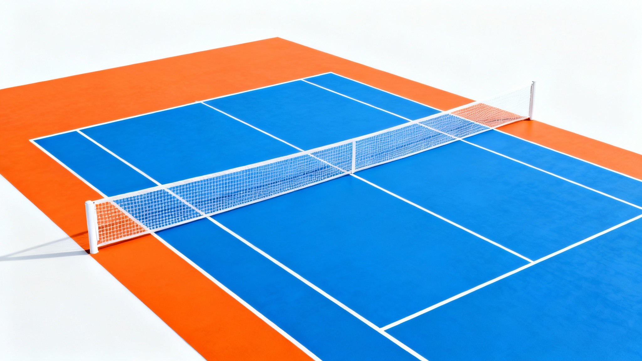 A high-angle photograph of a tennis court mockup with a vibrant, unconventional color scheme of electric blue and bright orange, set against a solid white background.