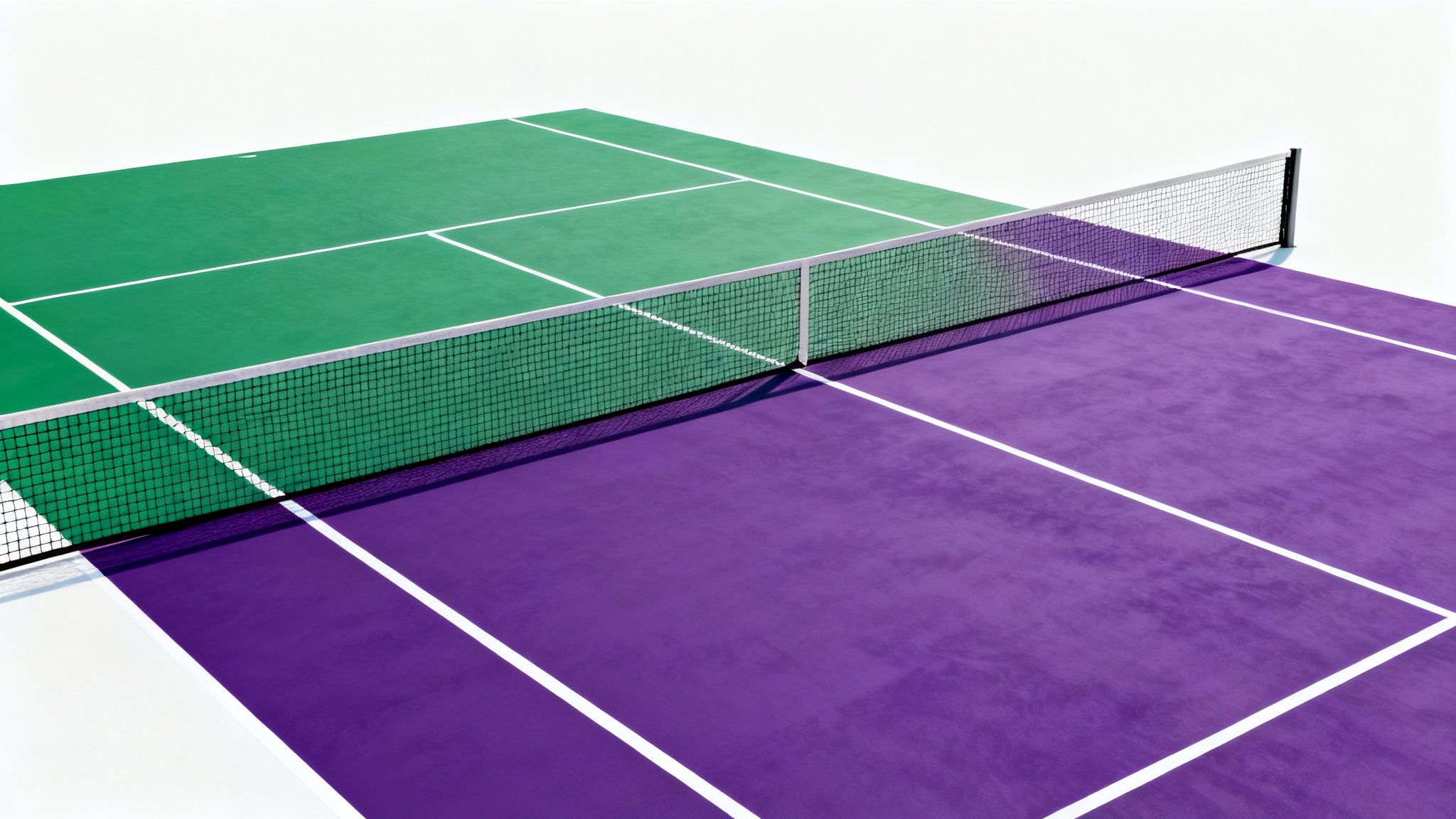 A high-angle mockup of a tennis court on a white background, demonstrating a colorizer tool. The left side of the court is green, and the right side is purple, with a net in the middle.