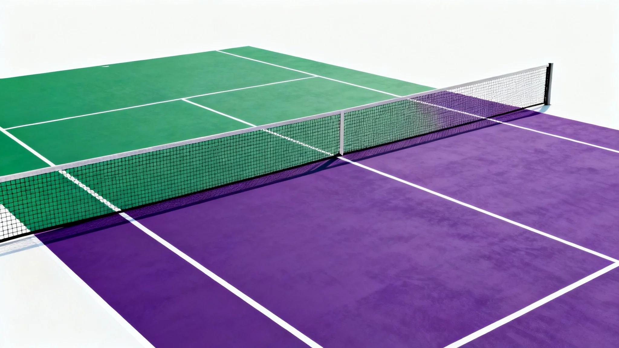 A high-angle mockup of a tennis court on a white background, demonstrating a colorizer tool. The left side of the court is green, and the right side is purple, with a net in the middle.