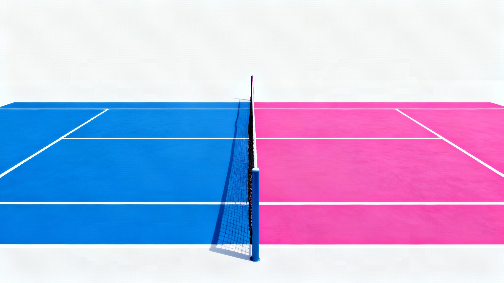 A high-angle shot of a tennis court on a white background, demonstrating a colorizer tool. The left half is traditional blue, while the right half is a vibrant hot pink.