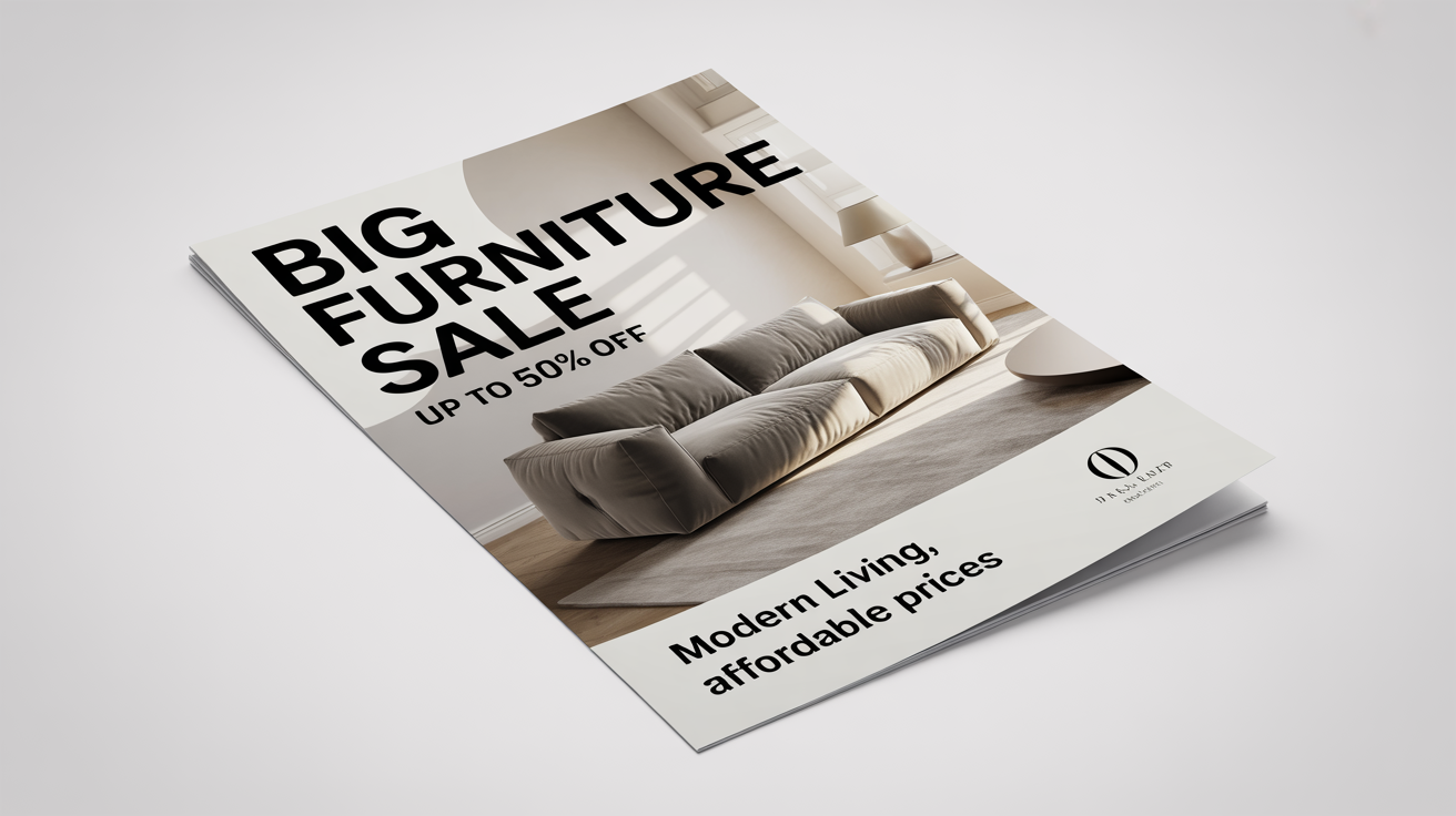 A professionally designed furniture sale flyer laid on a white surface, featuring a modern sofa and bold text that reads 'BIG FURNITURE SALE'.