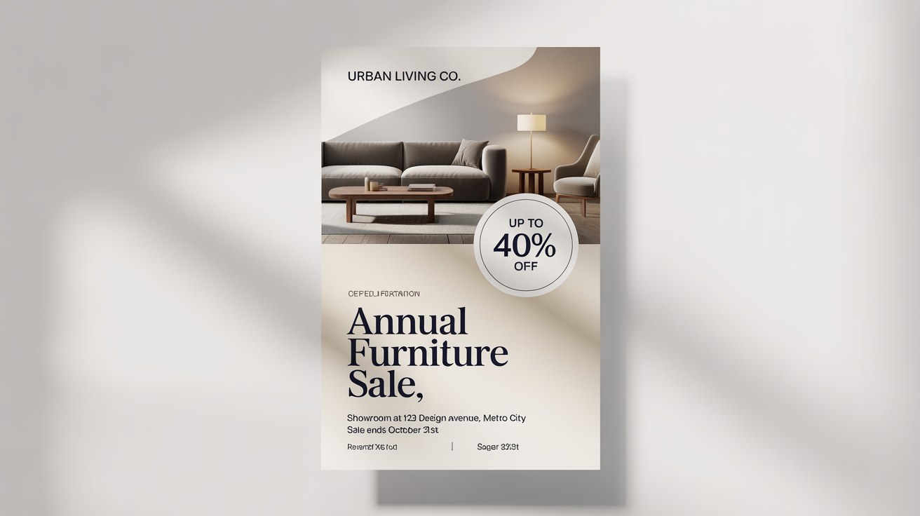 A professional mockup of a modern furniture sale flyer from 'URBAN LIVING CO.', advertising an annual sale with up to 40% off. The flyer features a stylish living room set and is set against a white background.