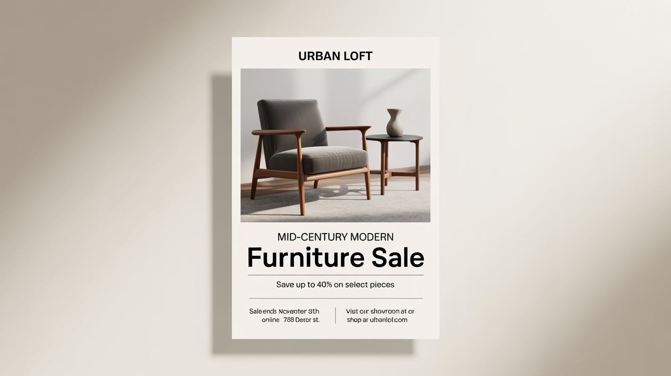 A mockup of a modern furniture sale flyer on a white background, featuring a stylish armchair and text that reads 'MID-CENTURY MODERN FURNITURE SALE'.