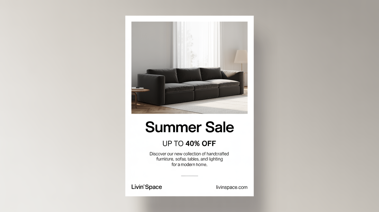 A modern furniture sale flyer mockup with a clean design. It features a photo of a grey sofa and text advertising a 'SUMMER SALE' with 'UP TO 40% OFF'.