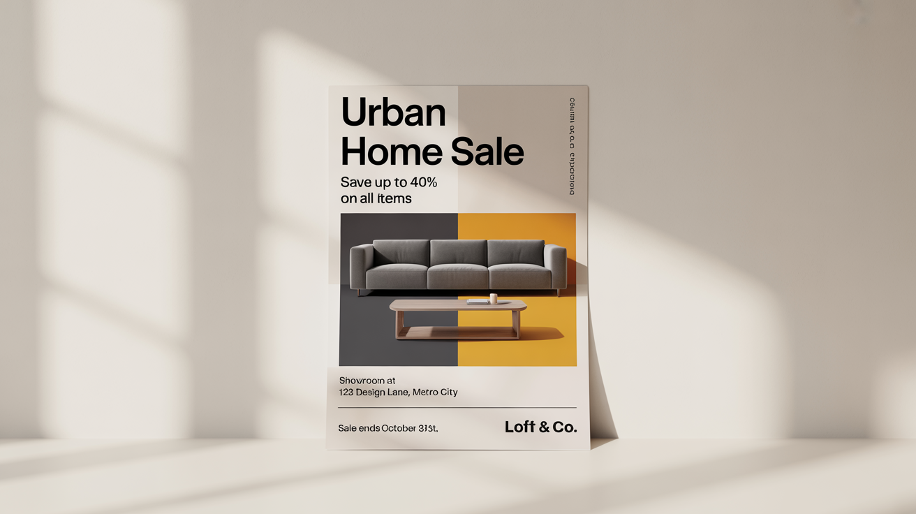 A modern furniture sale flyer for 'URBAN HOME SALE', showcasing a sleek grey sofa against a clean white background. The flyer advertises up to 40% off.