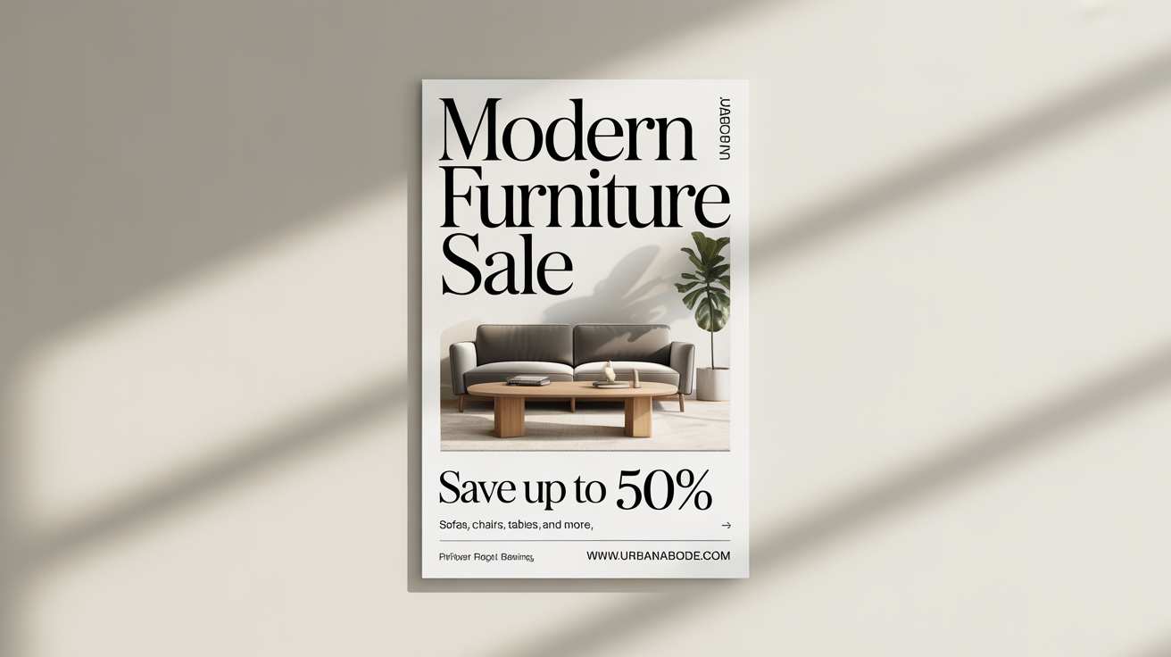 A modern furniture sale flyer mockup on a white background, featuring a stylish sofa and text that reads 'MODERN FURNITURE SALE' and 'SAVE UP TO 50%'.