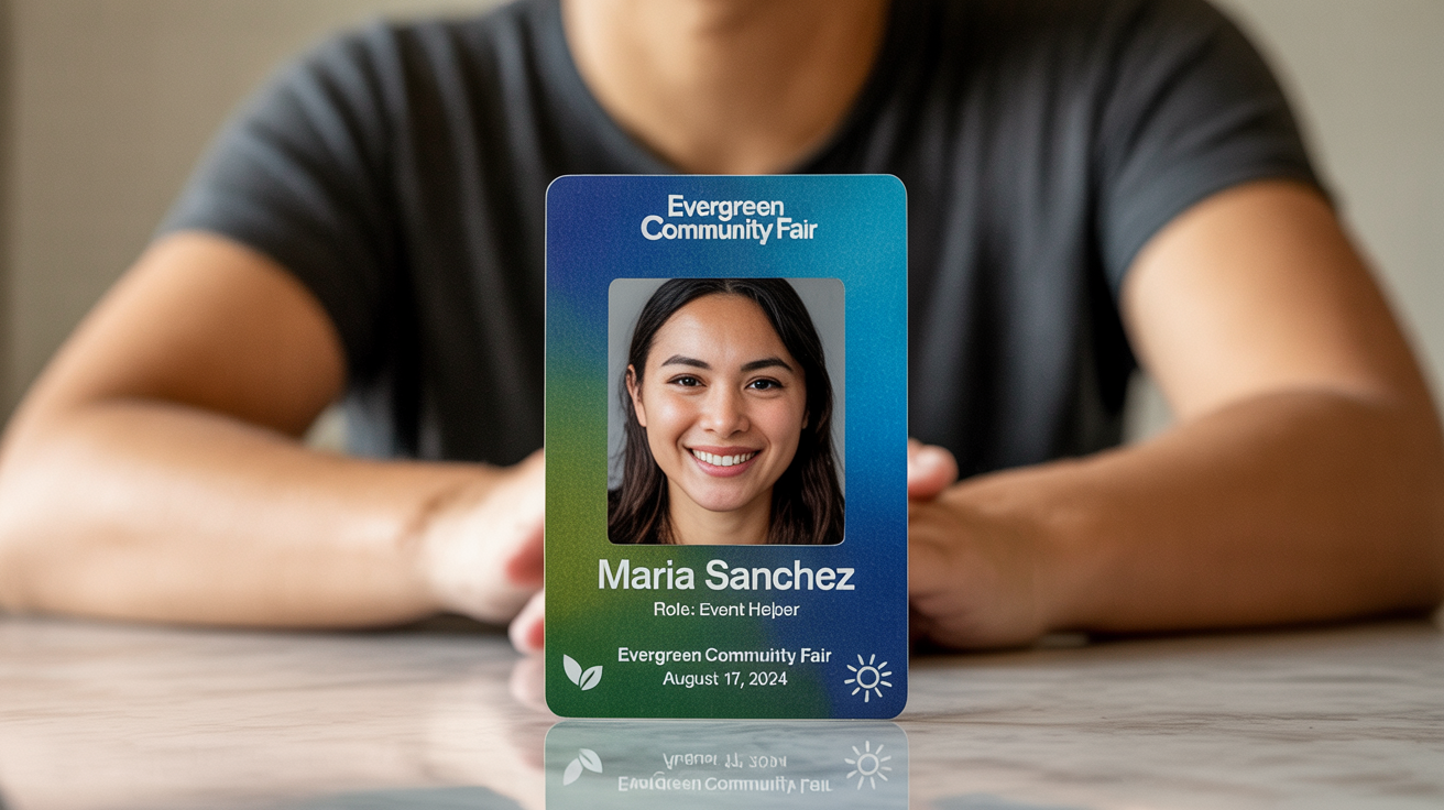 A professionally designed volunteer ID card for the 'Evergreen Community Fair', showing a photo of a volunteer named Maria Sanchez, her role, and event details on a vibrant blue and green background.