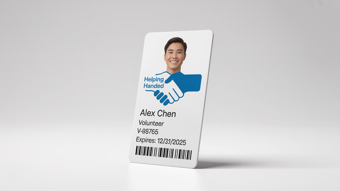 A professional-looking volunteer ID card for 'Helping Hands United', featuring a headshot, name, and expiration date, set against a plain white background.