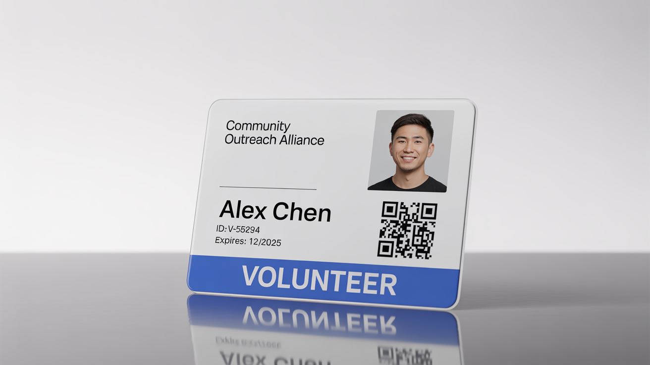 A professionally designed volunteer ID card mockup for the 'Community Outreach Alliance', featuring a volunteer's photo and details on a clean white background.