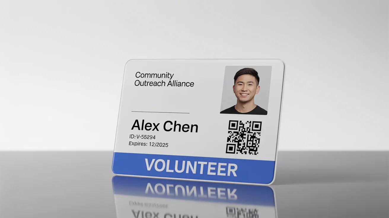 A professionally designed volunteer ID card mockup for the 'Community Outreach Alliance', featuring a volunteer's photo and details on a clean white background.