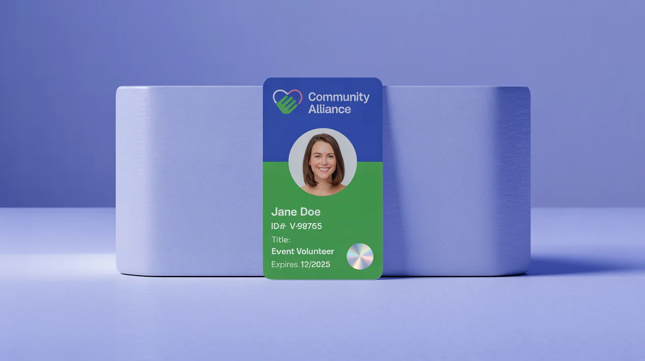 A modern volunteer ID card for the 'Community Alliance' organization, featuring a photo of a volunteer and their identification details, displayed on a white background.