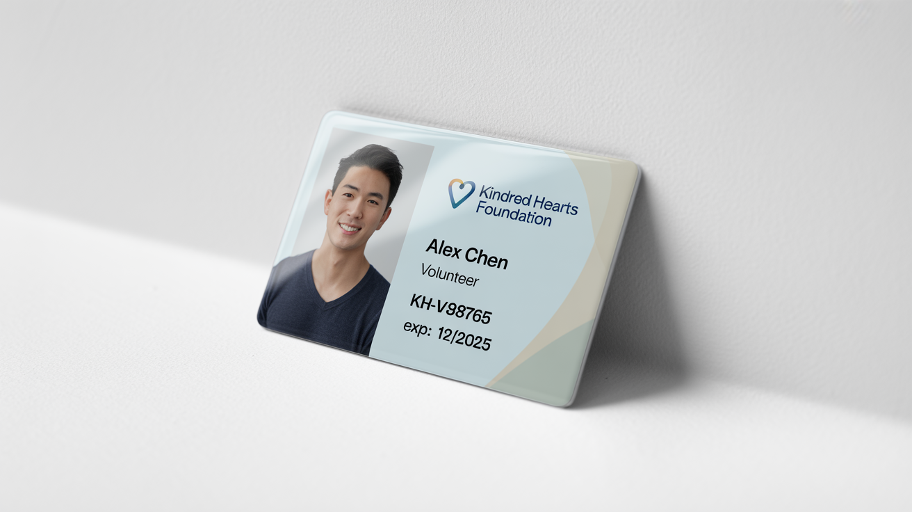 A professional-looking volunteer ID card mockup for the 'Kindred Hearts Foundation', featuring a sample photo and volunteer details, set against a plain white background.