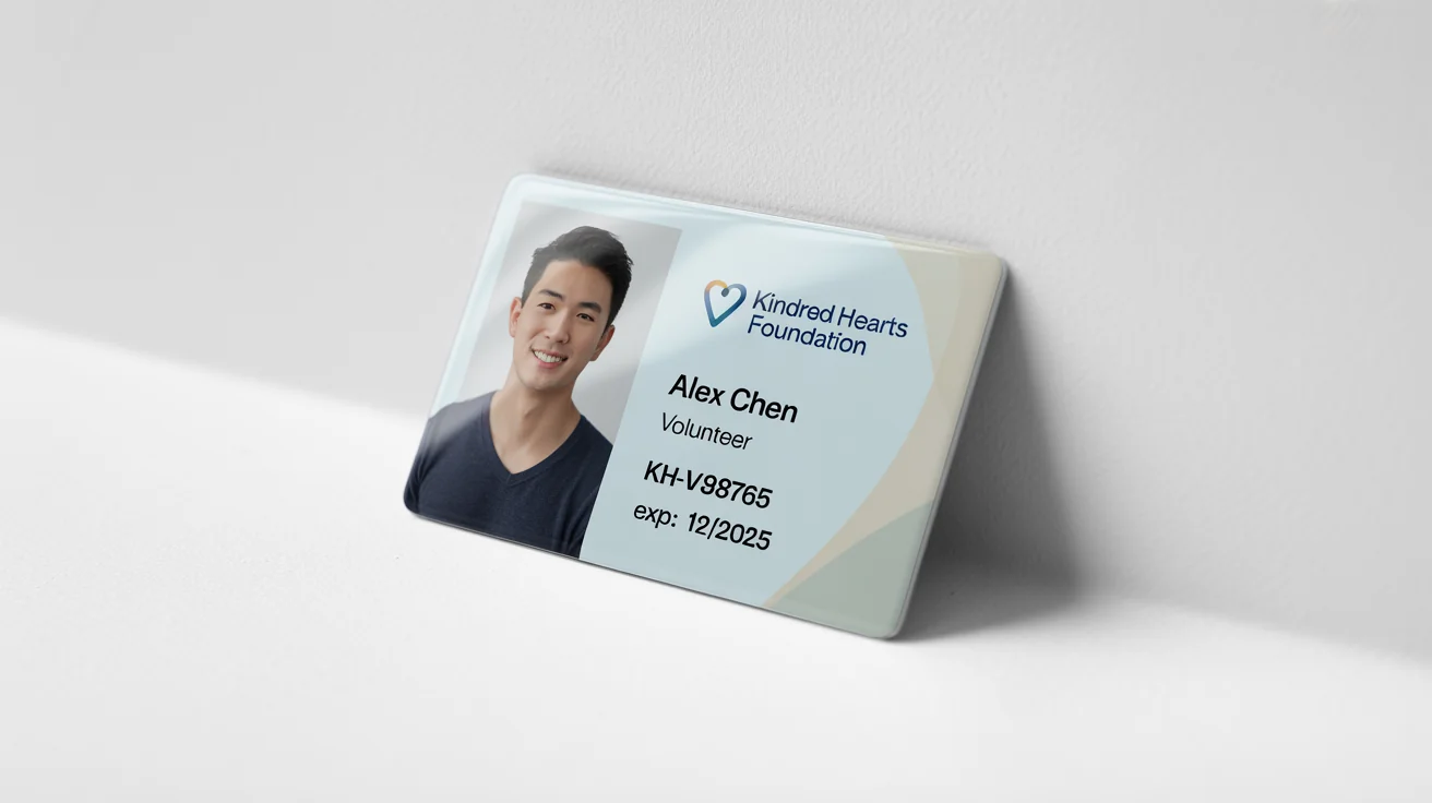 A professional-looking volunteer ID card mockup for the 'Kindred Hearts Foundation', featuring a sample photo and volunteer details, set against a plain white background.