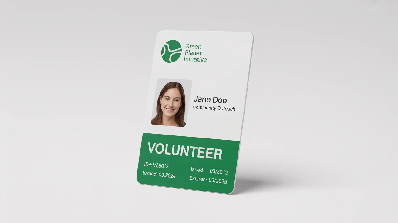 A professional mockup of a volunteer ID card for the 'Green Planet Initiative,' featuring a volunteer's photo and details against a plain white background.