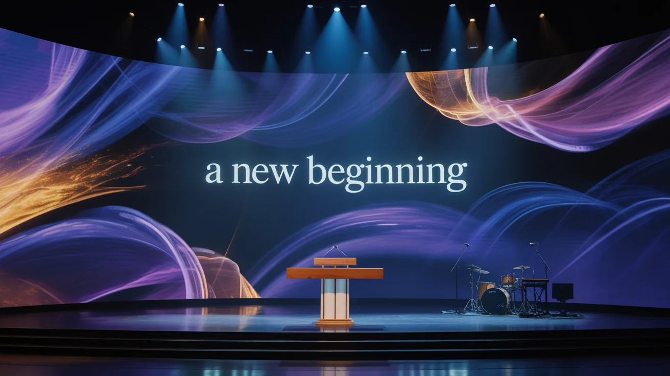 An eye-catching hero image of a modern church stage with a large, professionally designed LED backdrop that reads 'A NEW BEGINNING' amidst abstract blue and gold lights.