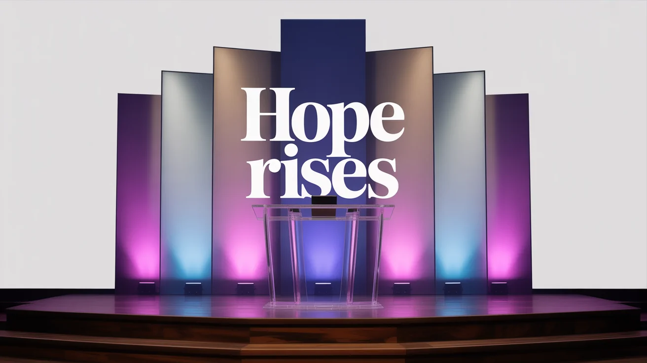 A modern church stage featuring a dynamic backdrop design with geometric panels, purple and blue LED backlighting, and the words 'HOPE RISES' glowing in the center.
