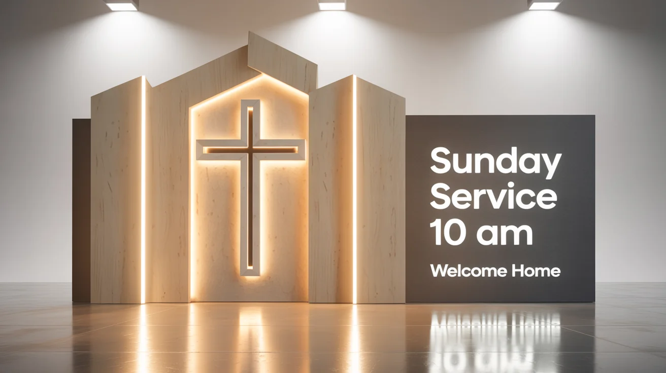 A professionally photographed modern church stage featuring a minimalist backdrop with geometric wood panels, LED lighting, a backlit cross, and text that reads 'Sunday Service 10 AM' and 'Welcome Home'.