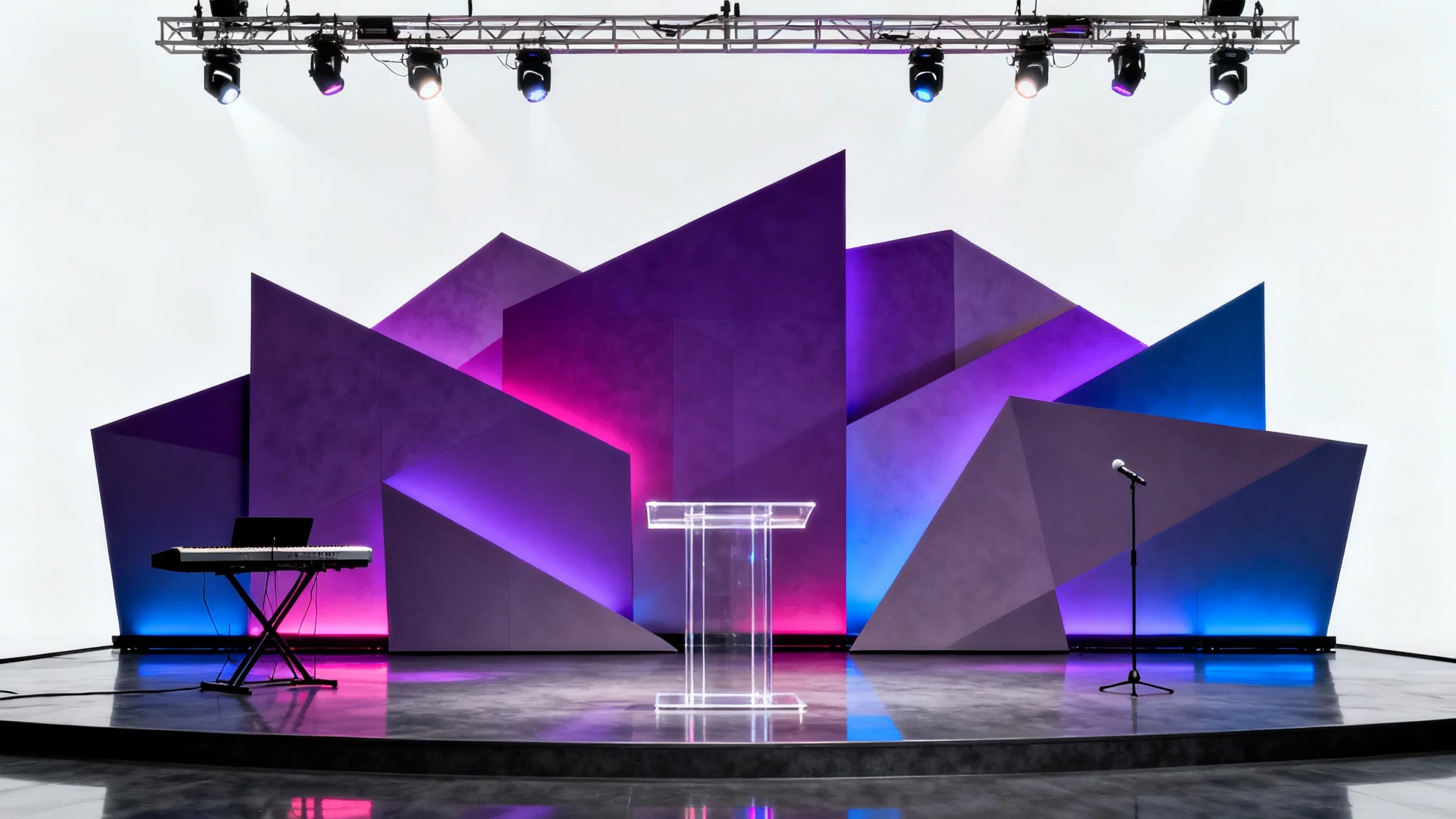 A mockup of a modern church stage against a white background, featuring a vibrant geometric backdrop lit in purple and blue, with a clear podium and musical instruments.
