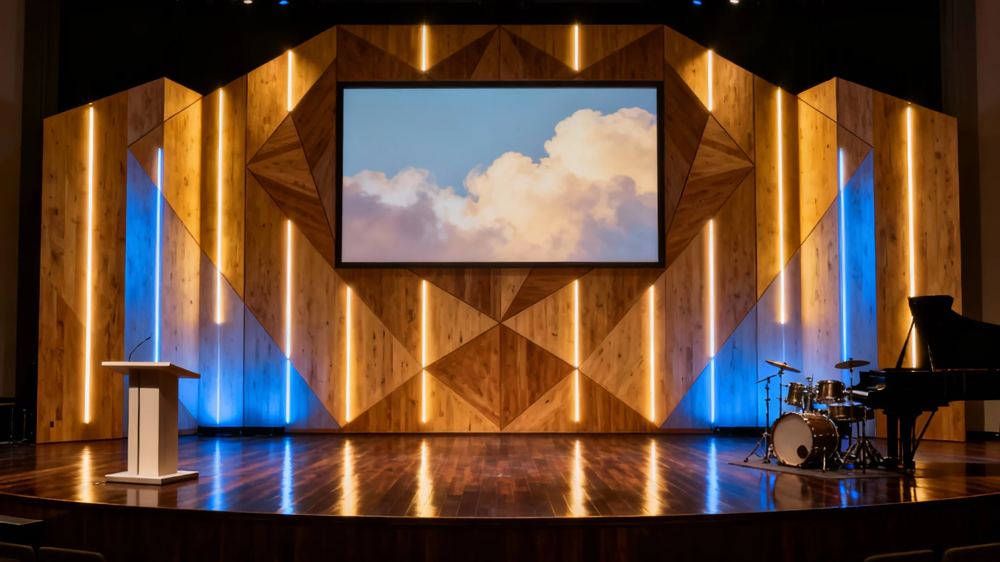 A wide view of a modern church stage featuring a dynamic backdrop with geometric wood panels, glowing LED lights in gold and blue, and a large central screen.