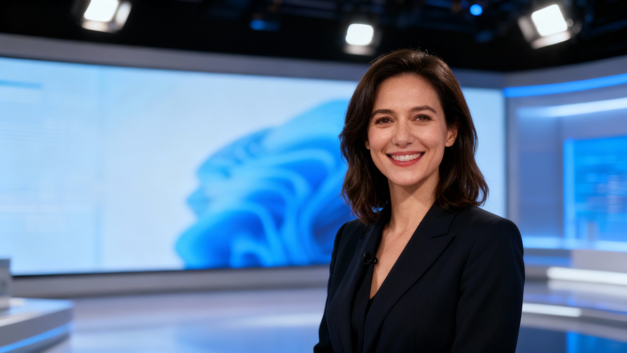 A woman in a professional video recording where her original background has been seamlessly replaced with a modern broadcast studio, demonstrating a video background replacement tool.