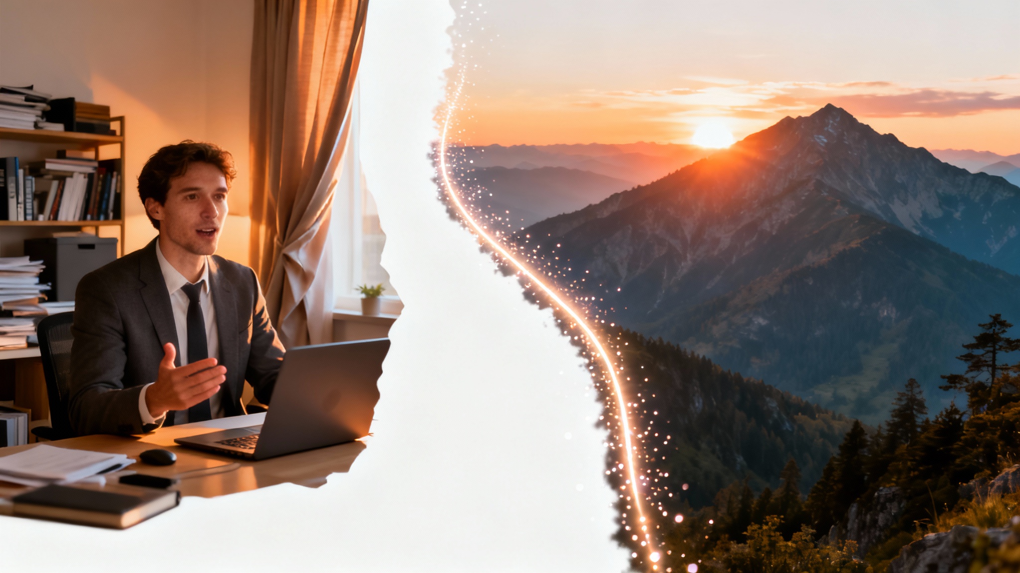 A man is shown in a video call, with the background behind him magically transforming from a cluttered home office to a beautiful mountain landscape at sunrise.