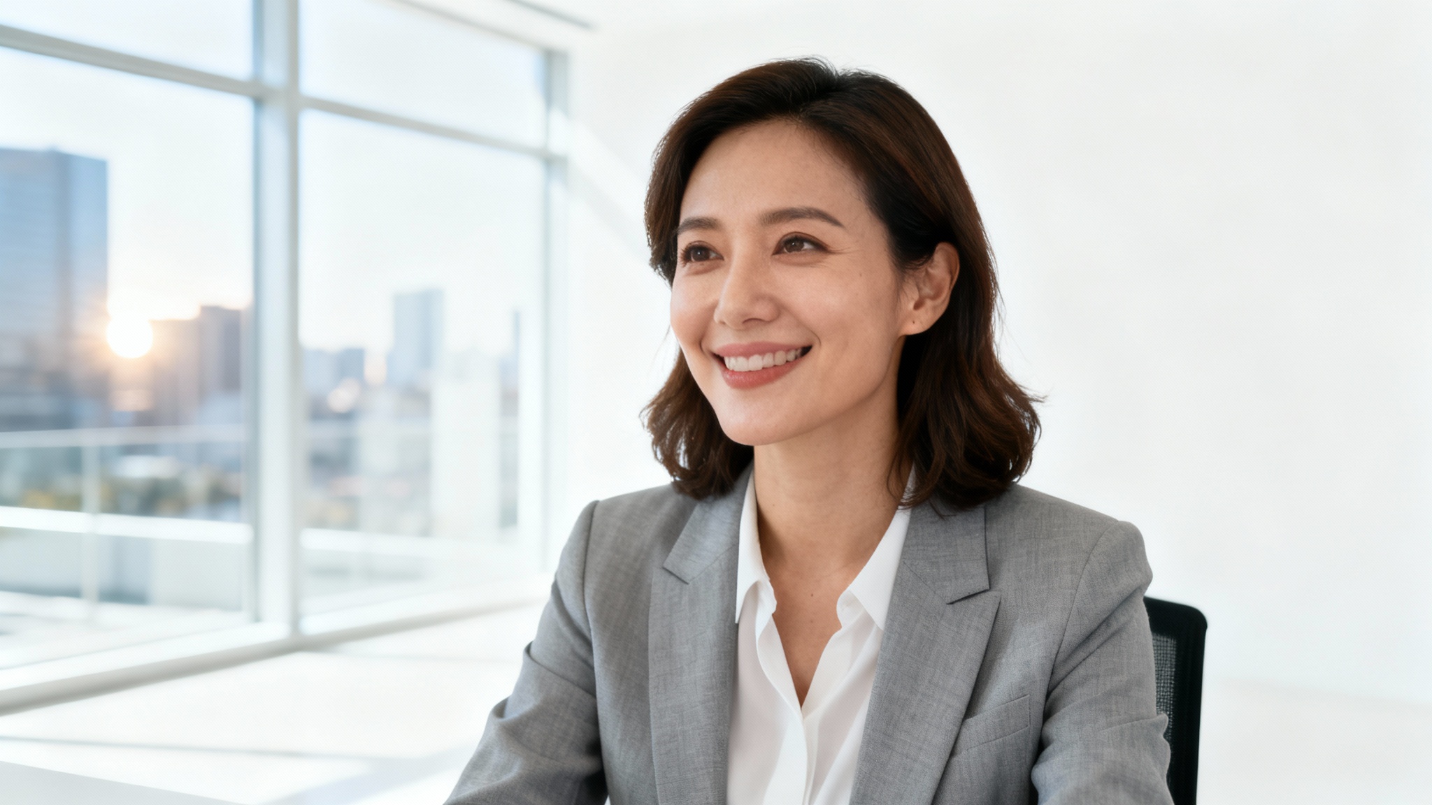 A professional woman in a video call with her home background perfectly replaced by a sleek, modern office, demonstrating the video background replacement feature.