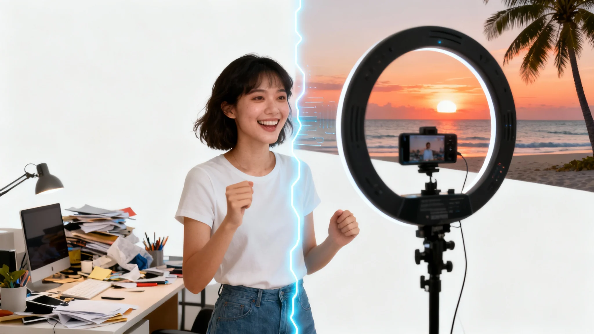 A woman recording a video where her messy home office background is being replaced with a beautiful tropical beach scene, illustrating a video background replacement tool.