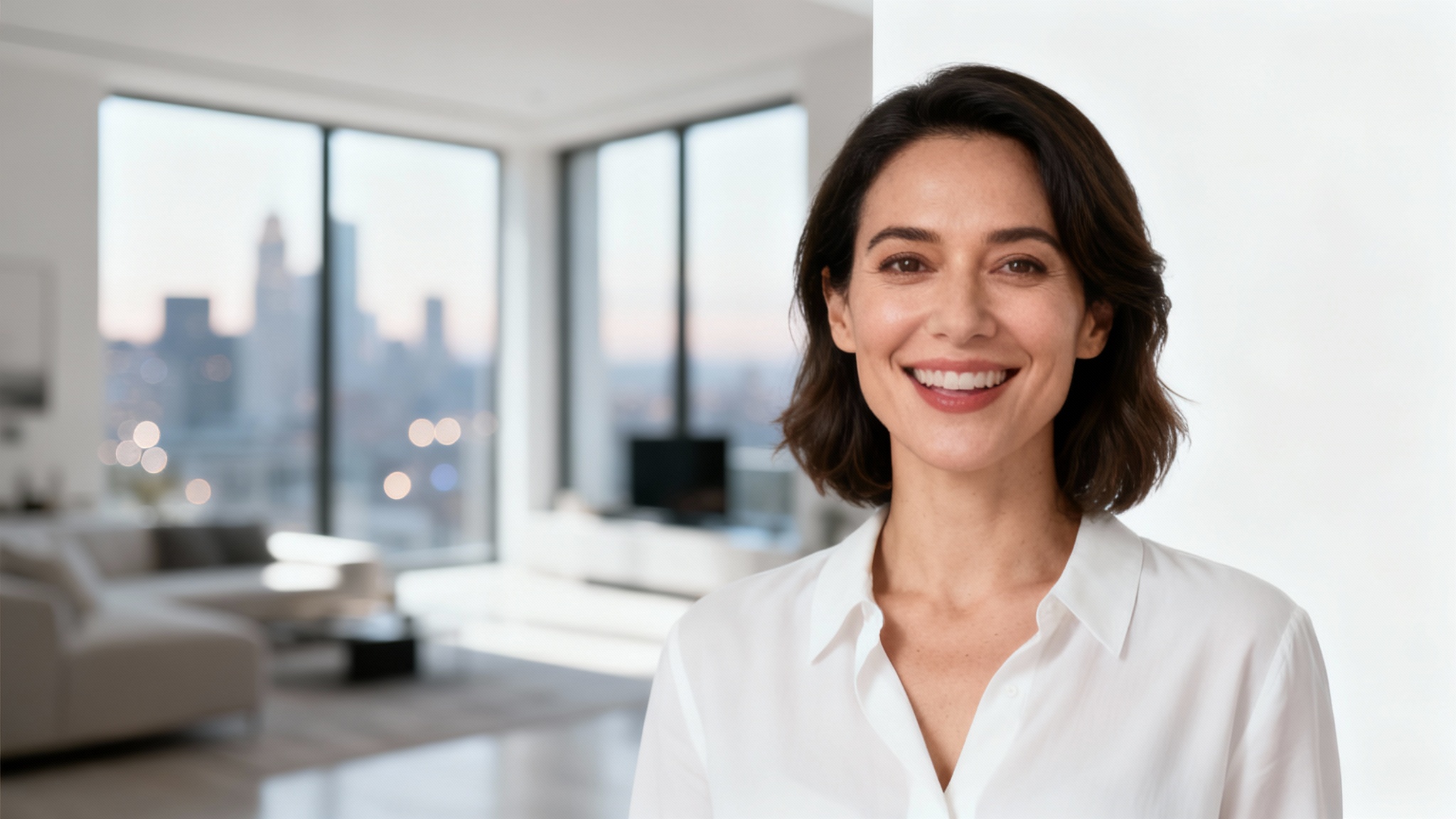 A woman speaking to the camera, demonstrating a video background replacement feature with a clean, modern loft apartment appearing as her virtual background.
