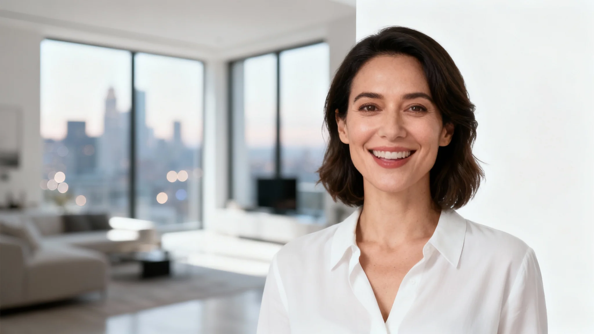 A woman speaking to the camera, demonstrating a video background replacement feature with a clean, modern loft apartment appearing as her virtual background.