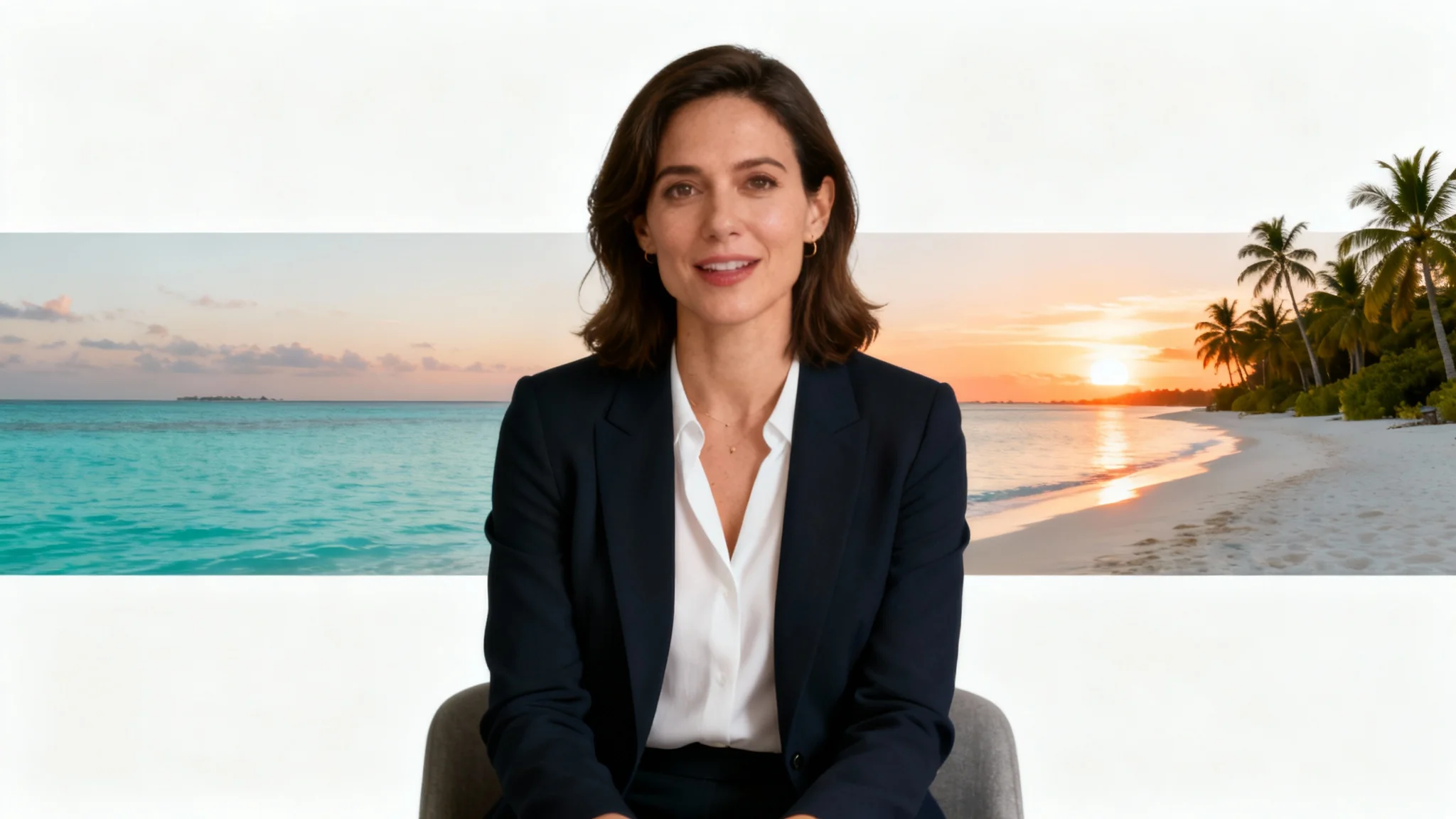 A professional woman on a video call, with her background flawlessly replaced by a serene tropical beach at sunset, shown as a mockup on a white background.