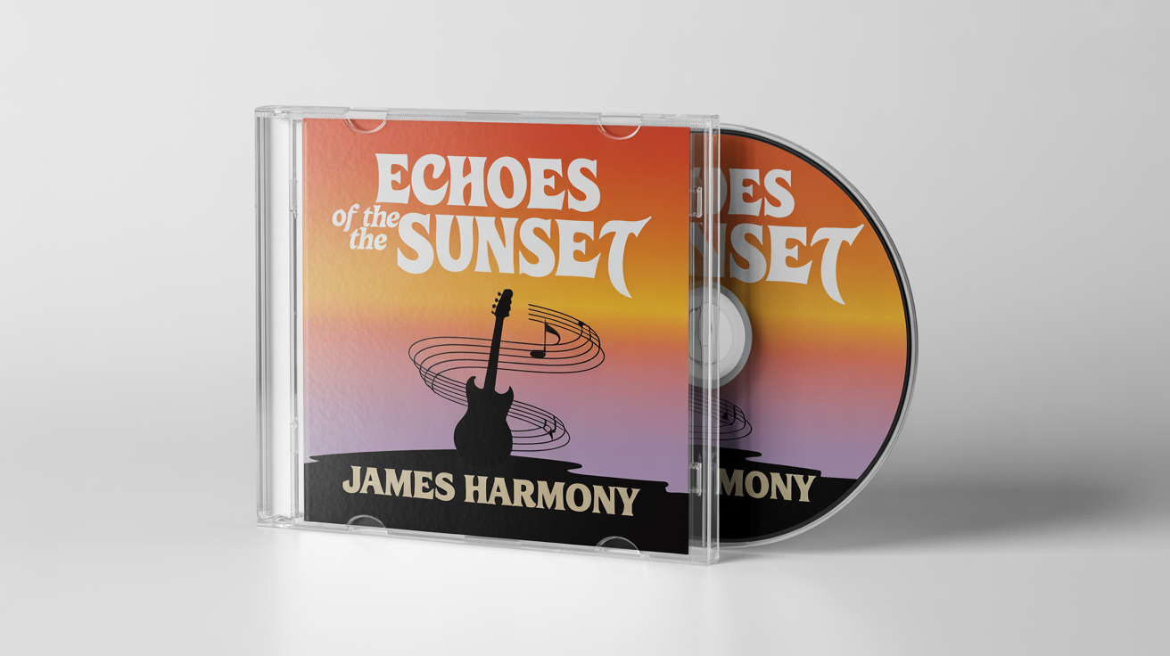 A photorealistic mockup of a physical CD album in a jewel case, showcasing the final design. The cover art for 'Echoes of the Sunset' by 'James Harmony' features a guitar silhouette against a sunset gradient.
