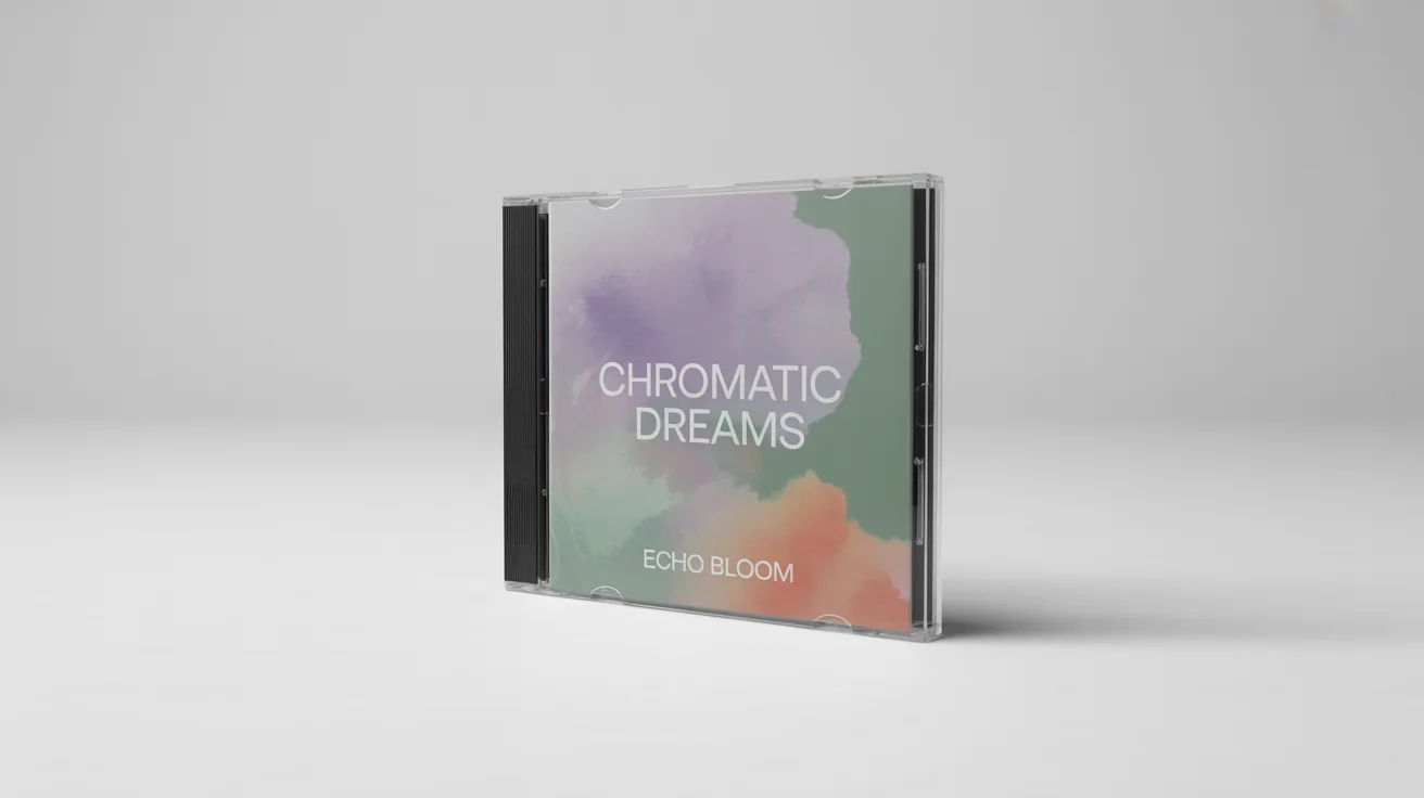 A realistic mockup of a CD album cover for the band 'Echo Bloom' with the title 'Chromatic Dreams', featuring abstract pastel artwork, displayed in a clear jewel case against a white background.