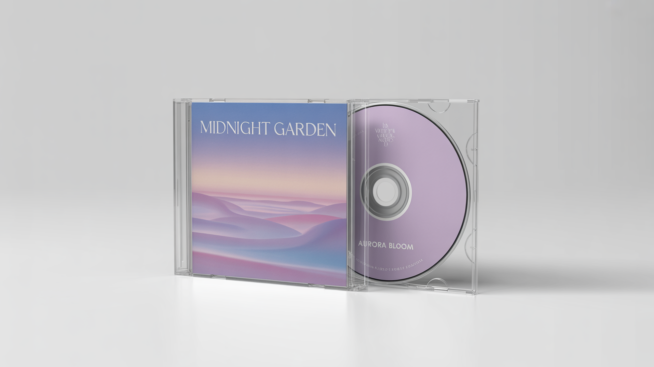 A professional studio mockup of a music CD album titled 'MIDNIGHT GARDEN' by 'AURORA BLOOM', showing the clear jewel case, cover art, and the CD on a clean white background.