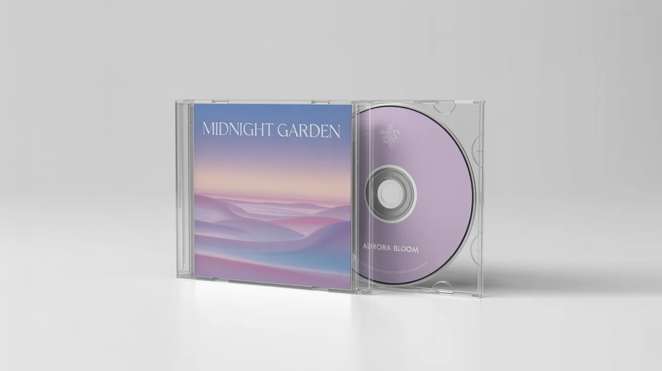 A professional studio mockup of a music CD album titled 'MIDNIGHT GARDEN' by 'AURORA BLOOM', showing the clear jewel case, cover art, and the CD on a clean white background.